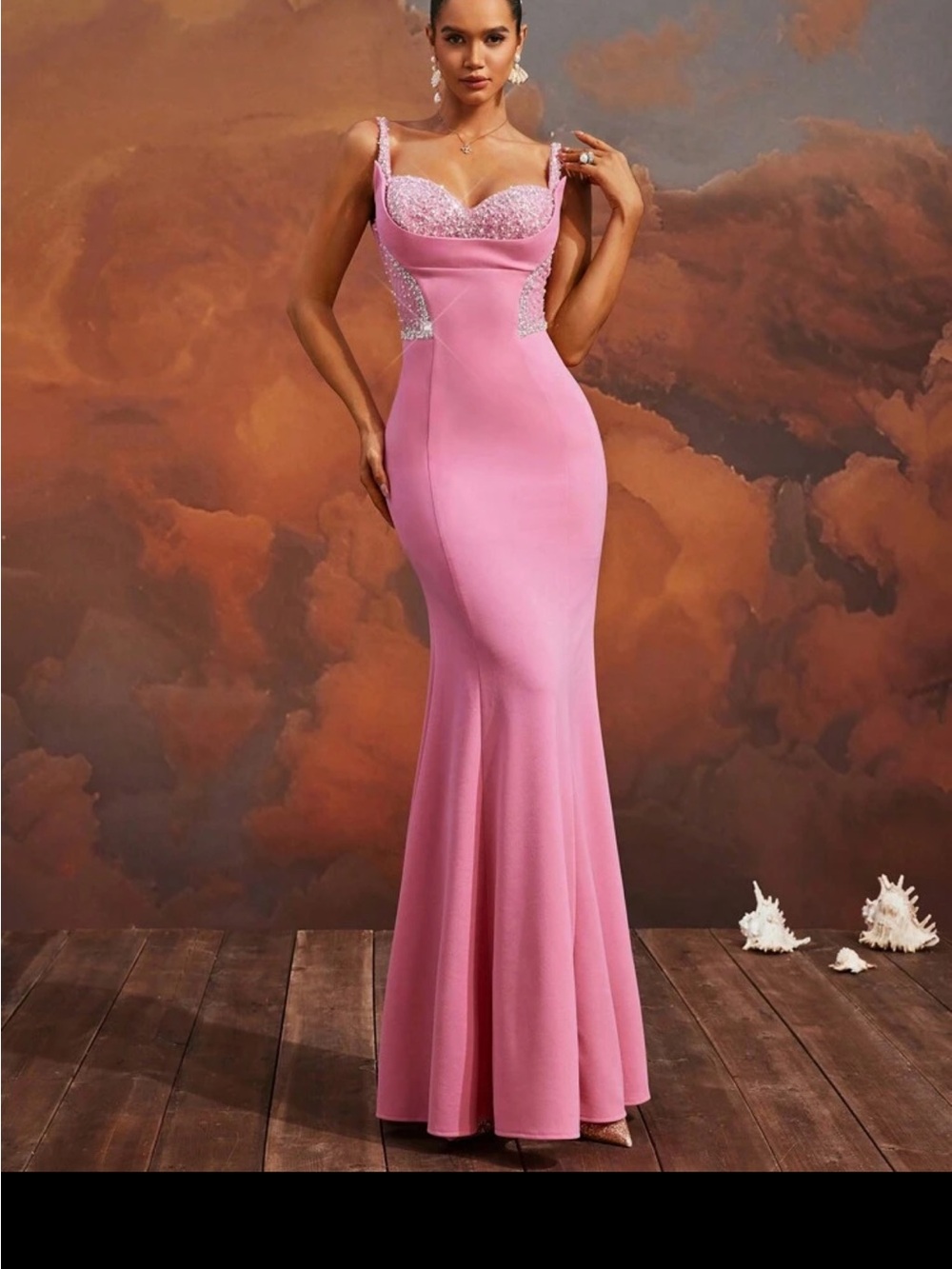 SHEIN Pink Embellished Mermaid Prom Gown